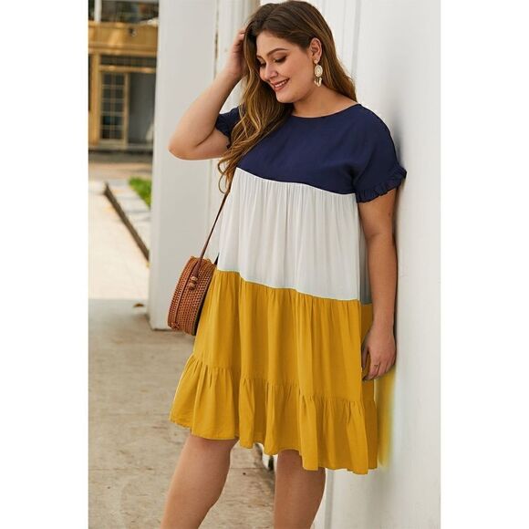 NEW! Super cute PLUS Size Boho Layered and Ruffled Colorblock Baby Doll Dress - Picture 2 of 6